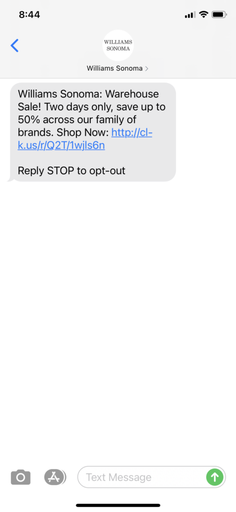Williams Sonoma Text Message Marketing Example - 02.15.2021