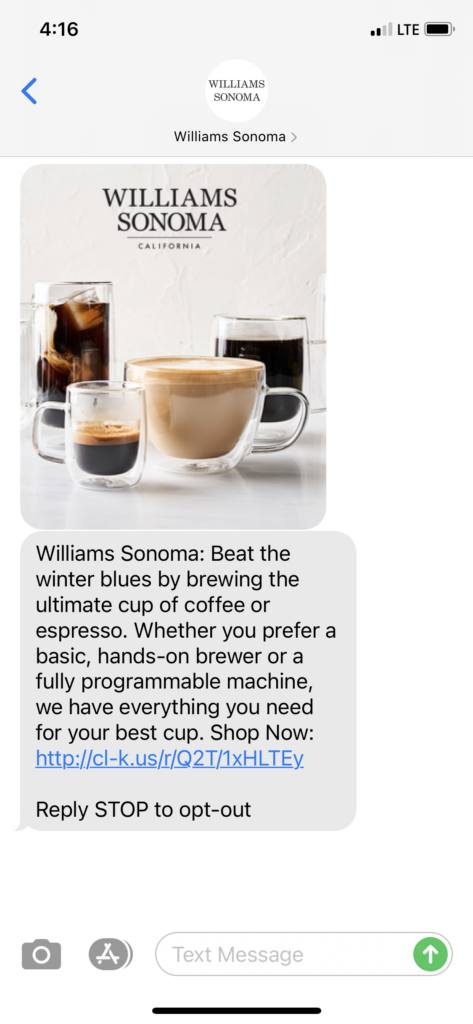 Williams Sonoma Text Message Marketing Example - 02.23.2021