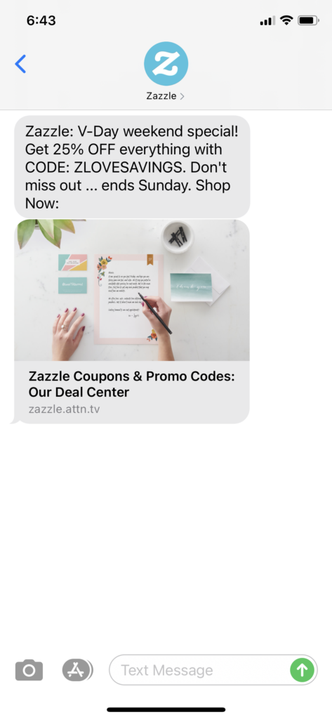 Zazzle Text Message Marketing Example - 02.12.2021