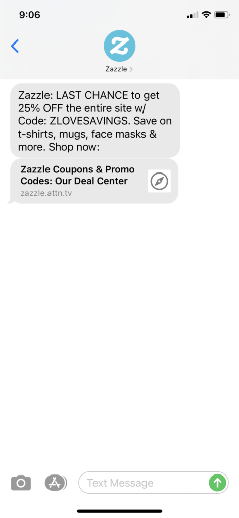 Zazzle Text Message Marketing Example - 02.14.2021