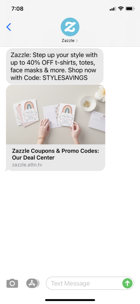 Zazzle Text Message Marketing Example - 02.20.2021