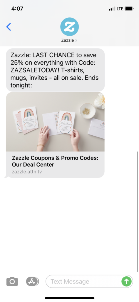 Zazzle Text Message Marketing Example - 02.23.2021