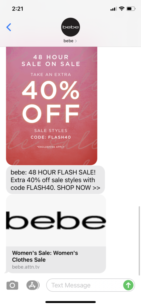 bebe Text Message Marketing Example - 02.04.2021
