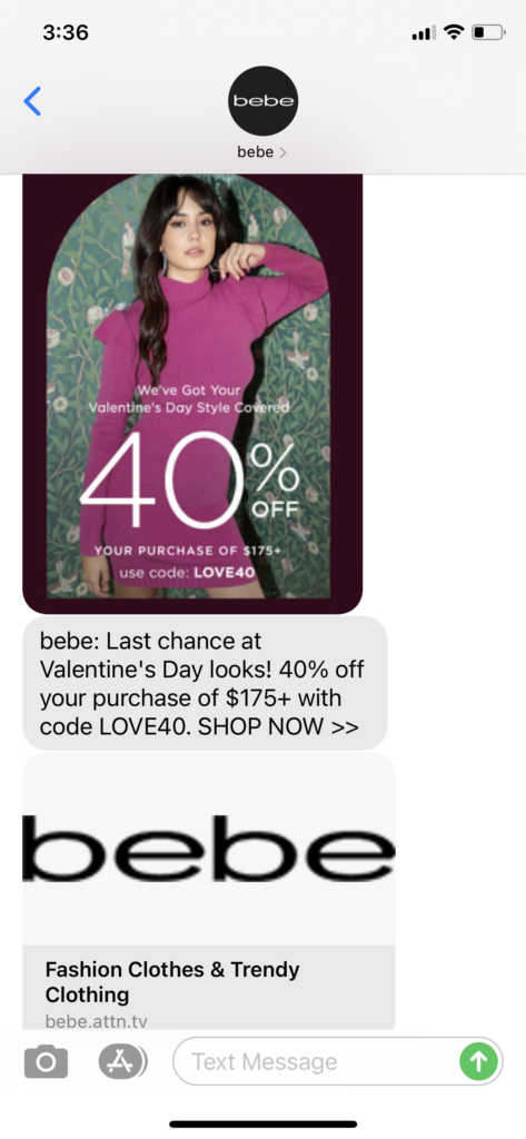 bebe Text Message Marketing Example - 02.11.2021