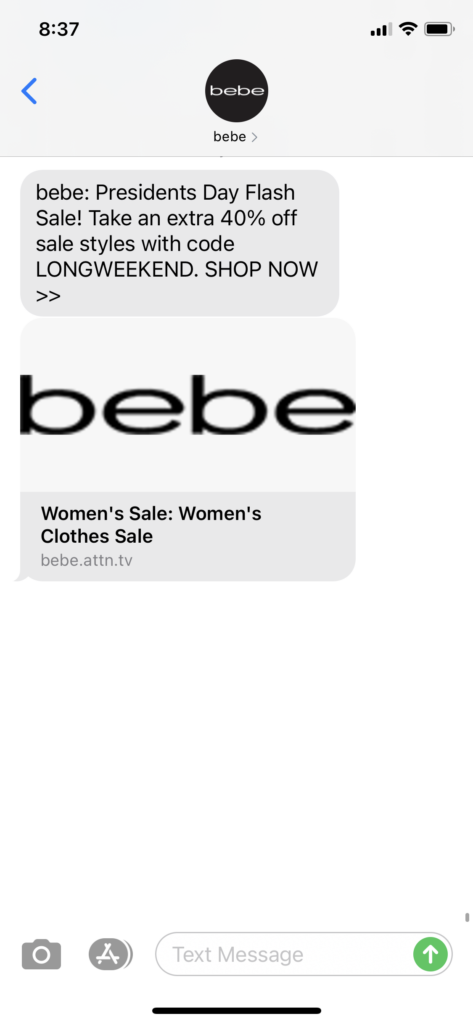 bebe Text Message Marketing Example - 02.15.2021
