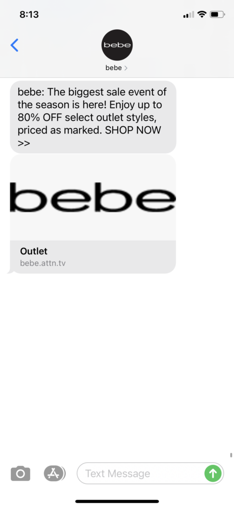 bebe Text Message Marketing Example - 02.22.2021