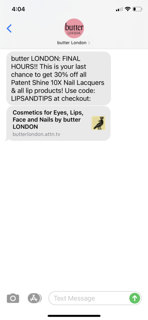 butter London Text Message Marketing Example - 02.08.2021