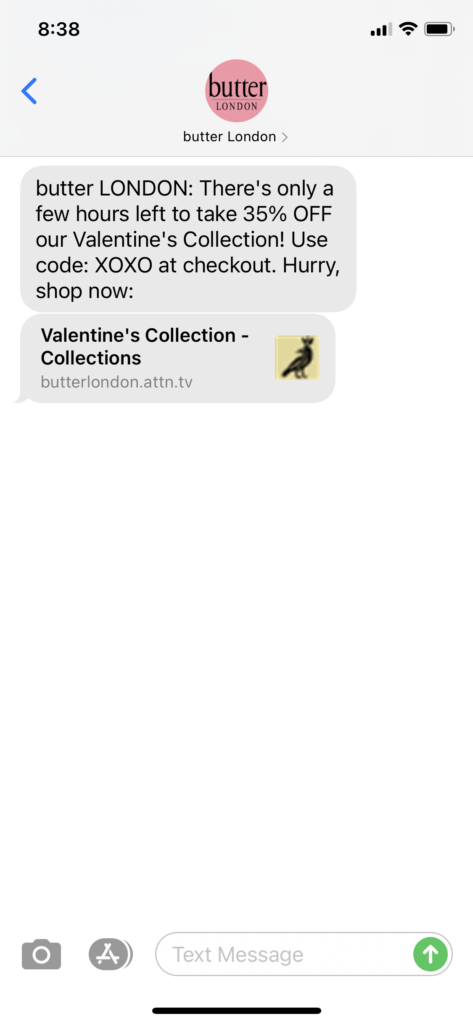 butter London Text Message Marketing Example - 02.15.2021