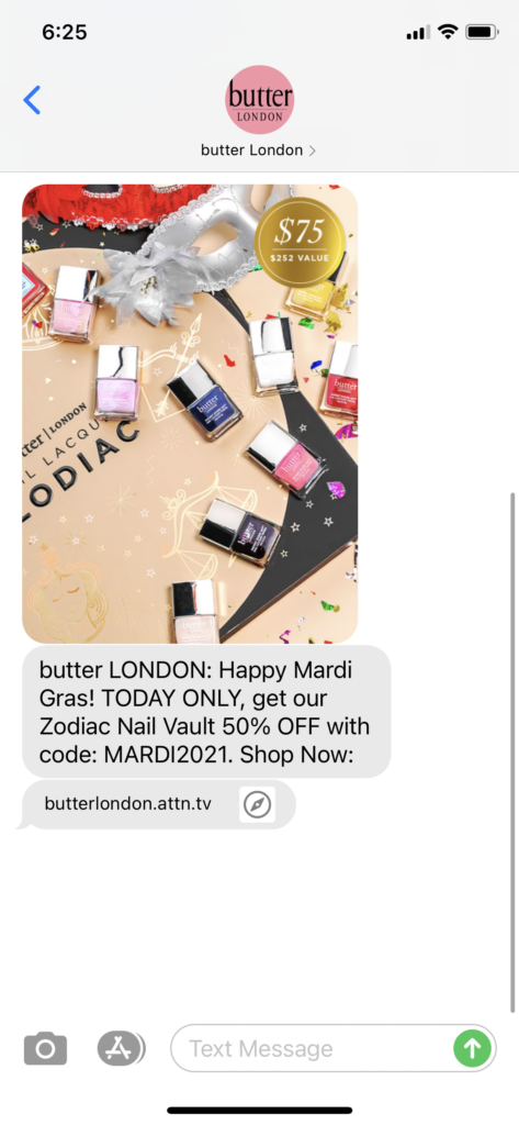 butter London Text Message Marketing Example - 02.16.2021