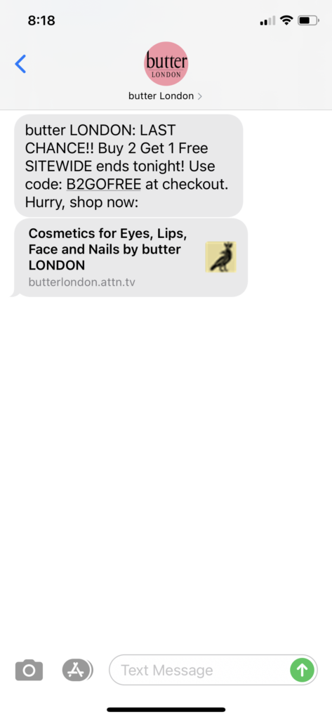 butter London Text Message Marketing Example - 02.22.2021