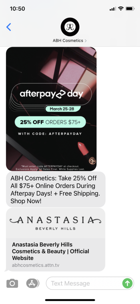 ABH Text Message Marketing Example - 03.26.2021