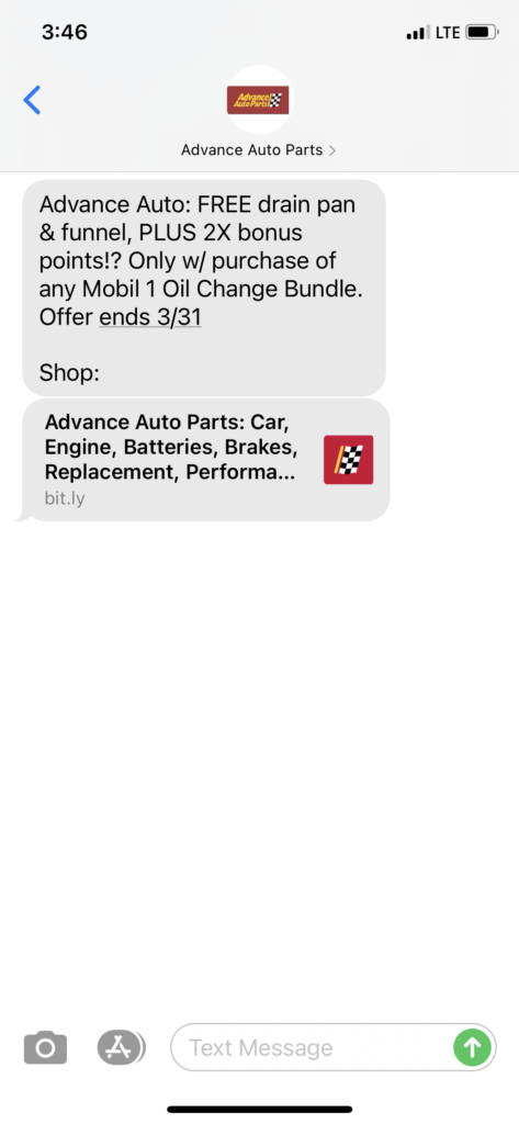 Advance Auto Text Message Marketing Example - 03.19.2021