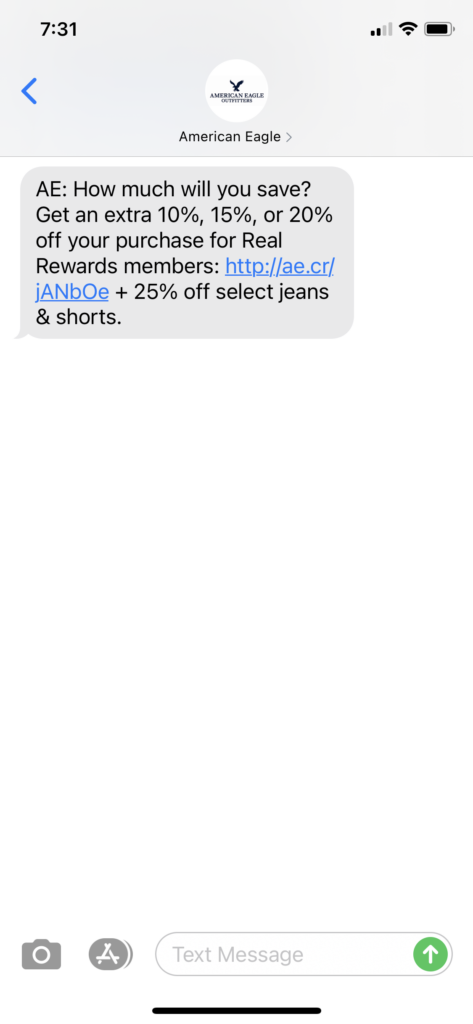 American Eagle Text Message Marketing Example - 03.16.2021