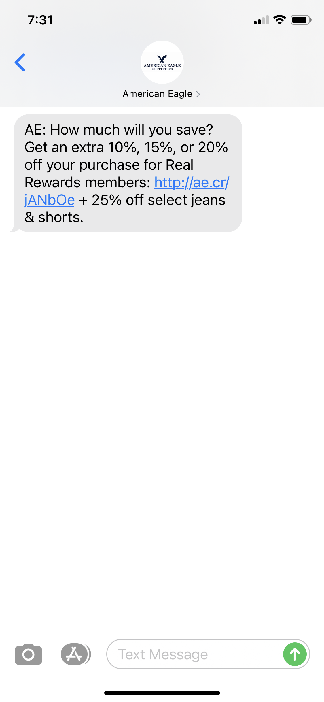 American Eagle Text Message Marketing Example 11 20 2020 Png Sms Archives