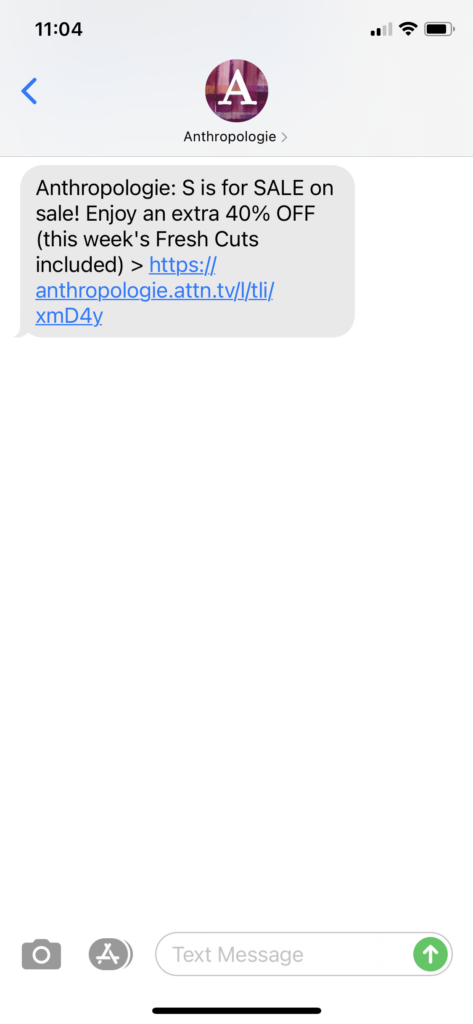 Anthropologie Text Message Marketing Example - 03.25.2021