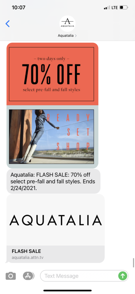 Aquatalia Text Message Marketing Example - 02.23.2021