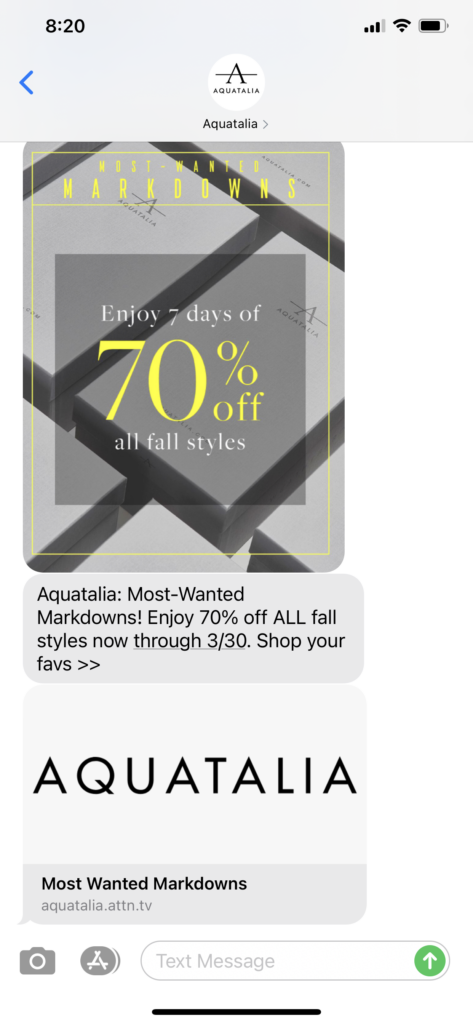Aquatalia Text Message Marketing Example - 03.26.2021