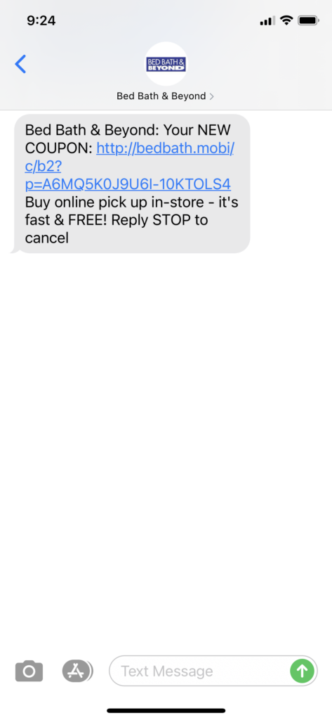 Bed Bath & Beyond Text Message Marketing Example - 03.31.2021