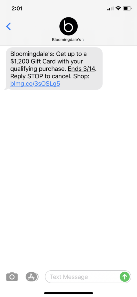 Bloomingdale's Text Message Marketing Example 03.04.2021