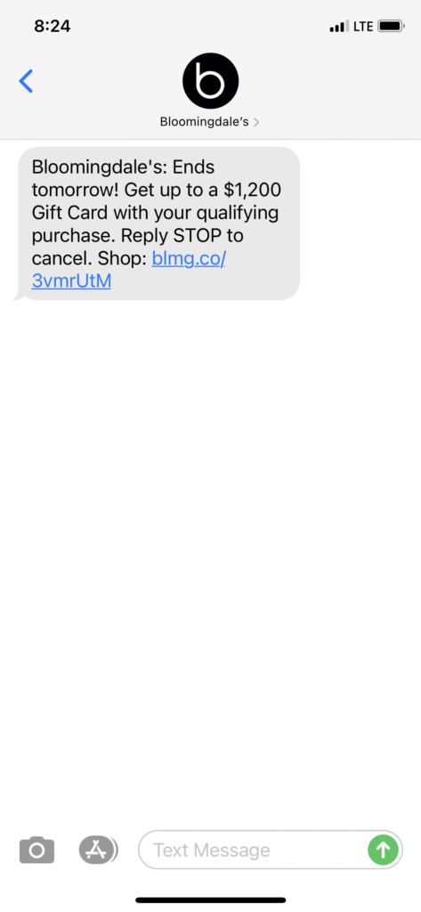 Bloomingdale's Text Message Marketing Example - 03.13.2021
