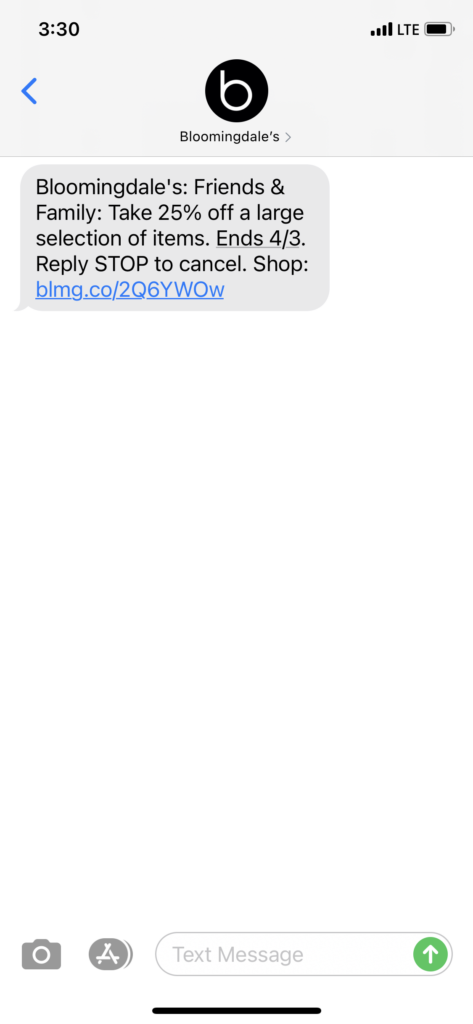Bloomingdale's Text Message Marketing Example - 03.20.2021