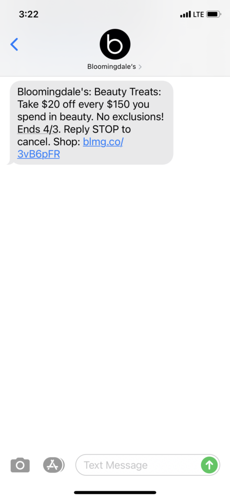 Bloomingdale's Text Message Marketing Example - 03.21.2021