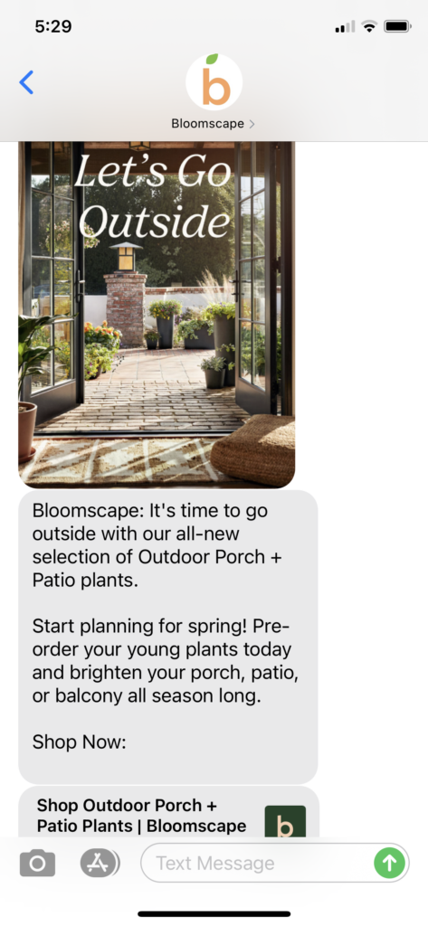 Bloomscape Text Message Marketing Example - 02.25.2021