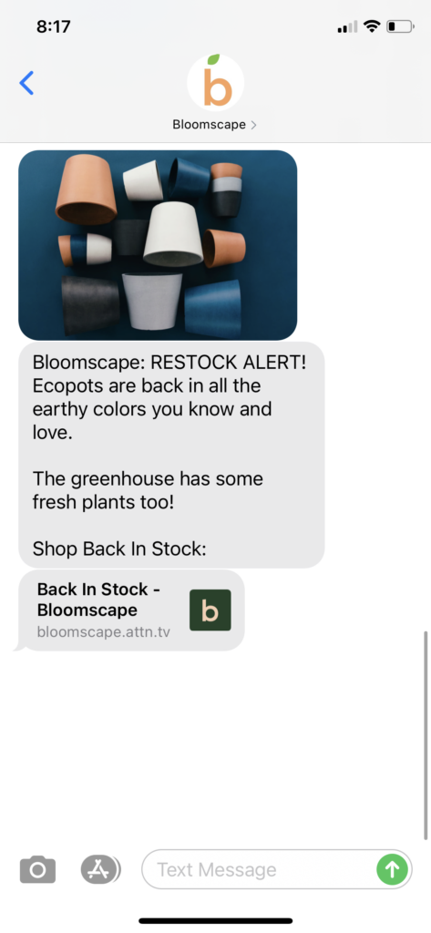 Bloomscape Text Message Marketing Example - 02.26.2021