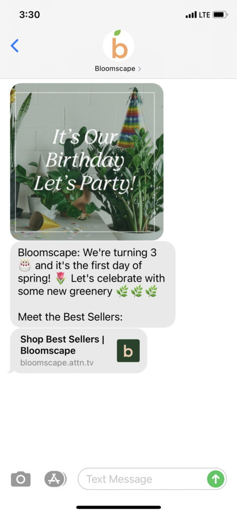 Bloomscape Text Message Marketing Example - 03.20.2021