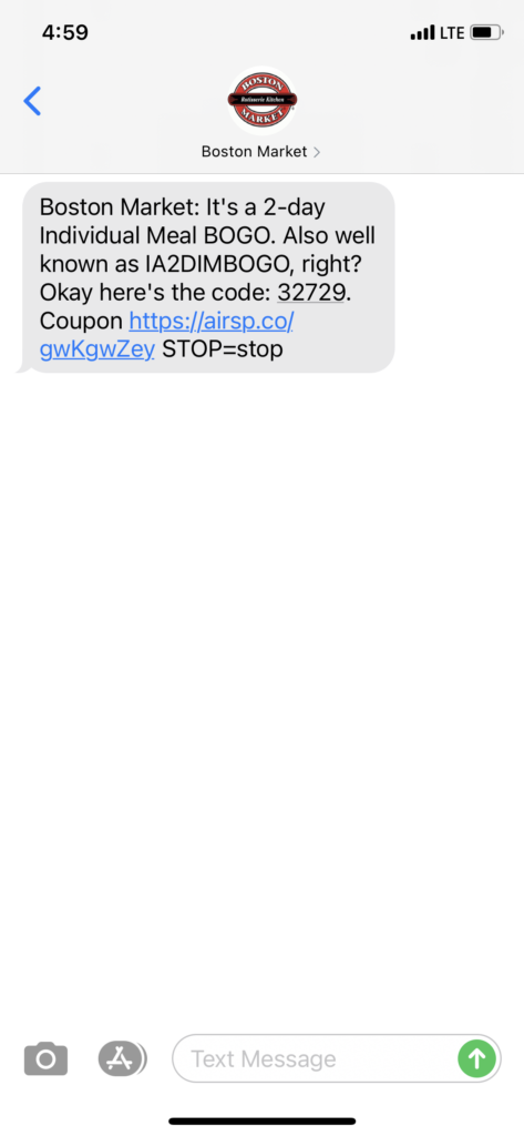 Boston Market Text Message Marketing Example - 03.10.2021