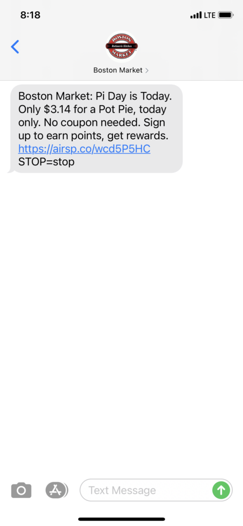 Boston Market Text Message Marketing Example - 03.14.2021
