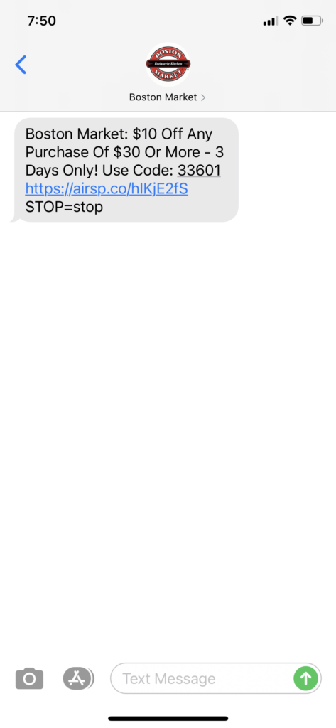 Boston Market Text Message Marketing Example - 03.17.2021