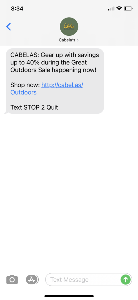 Cabelas Text Message Marketing Example - 02.26.2021
