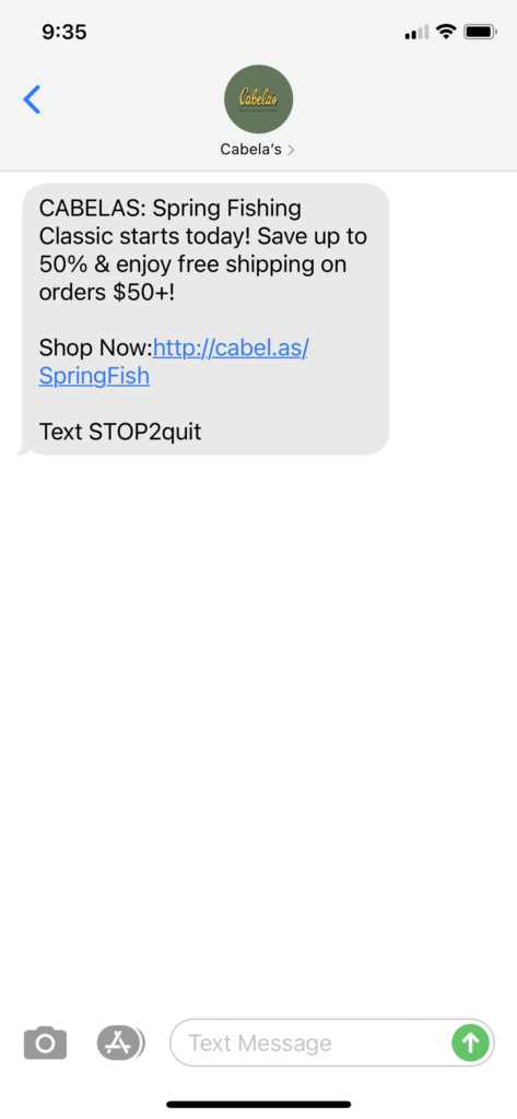 Cabelas Text Message Marketing Example - 03.11.2021