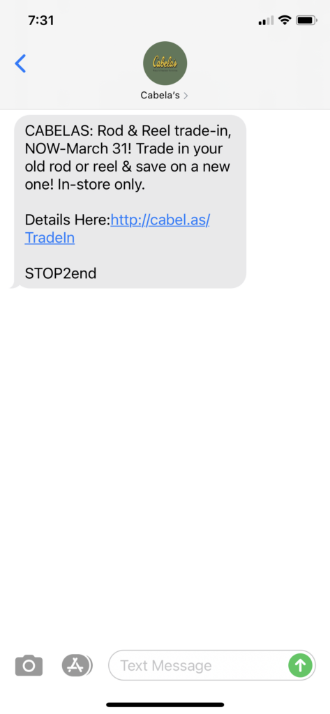 Cabelas Text Message Marketing Example - 03.16.2021