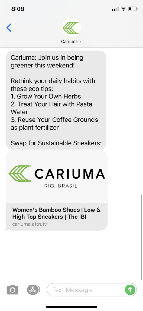 Cariuma Text Message Marketing Example - 02.27.2021