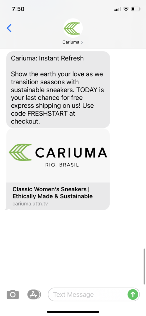 Cariuma Text Message Marketing Example - 02.28.2021