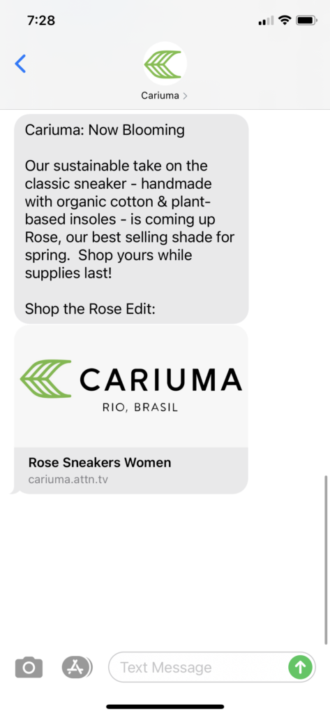 Cariuma Text Message Marketing Example - 03.16.2021