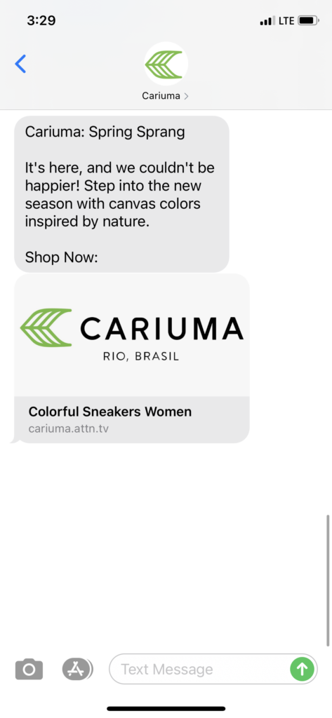 Cariuma Text Message Marketing Example - 03.20.2021