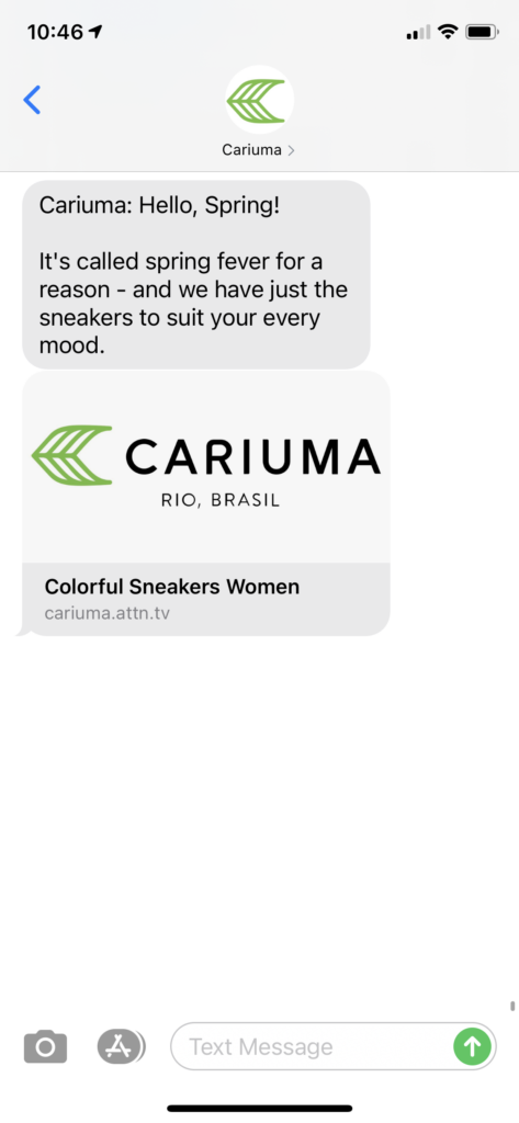 Cariuma Text Message Marketing Example - 03.26.2021