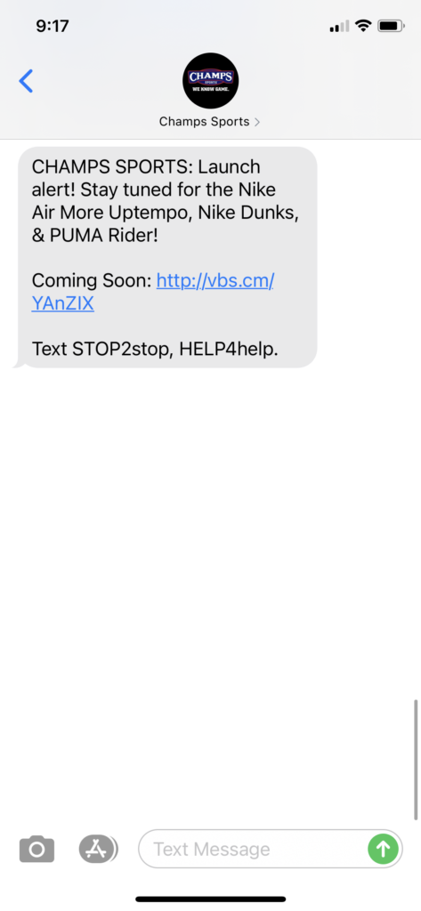 Champs Sports Text Message Marketing Example - 03.09.2021
