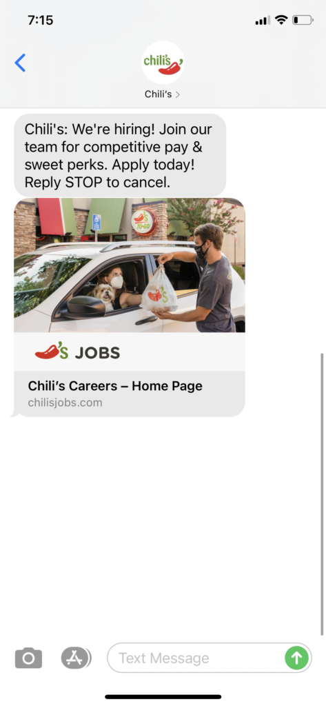 Chili's Text Message Marketing Example - 03.27.2021
