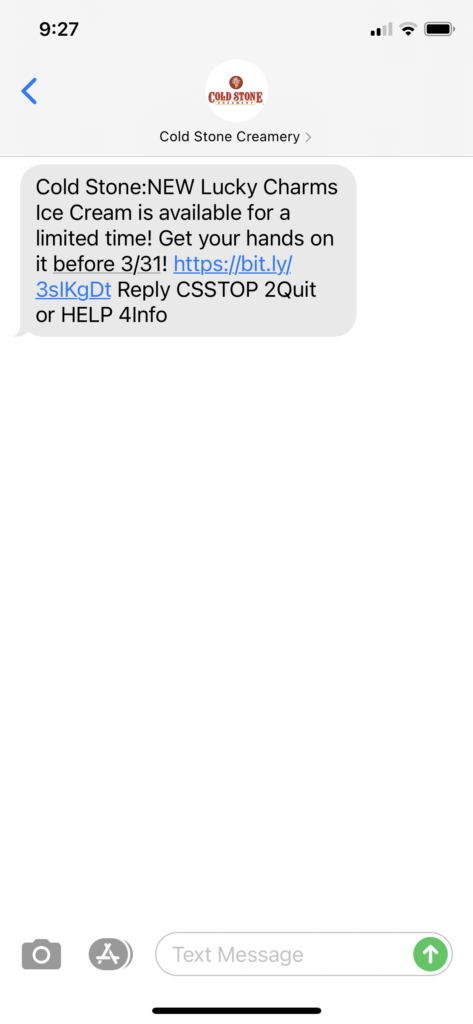 Cold Stone Creamery Text Message Marketing Example - 03.01.2021