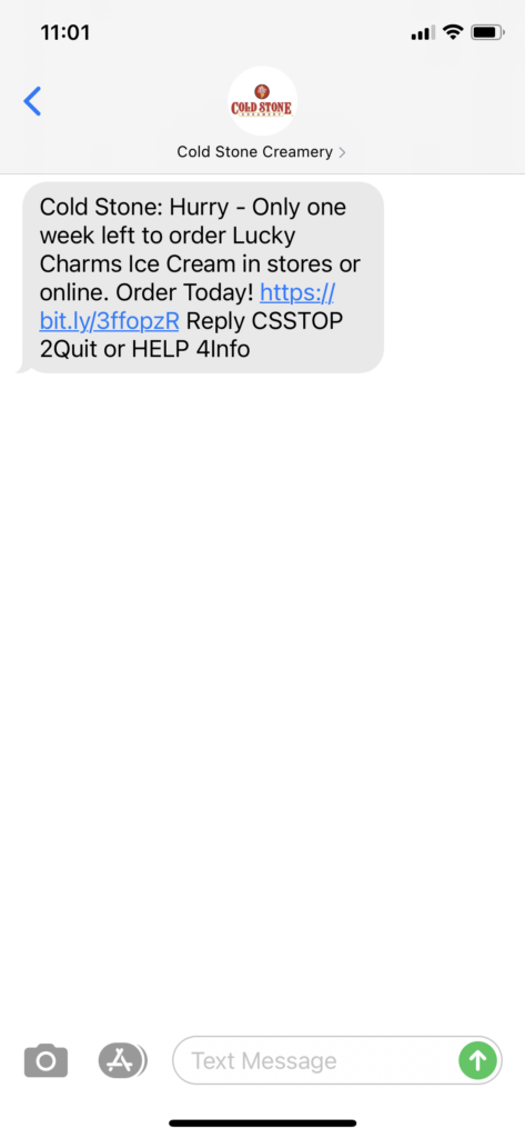 Cold Stone Creamery Text Message Marketing Example - 03.25.2021