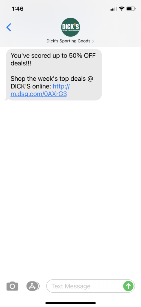 Dick's Sporting Goods Text Message Marketing Example - 03.05.2021