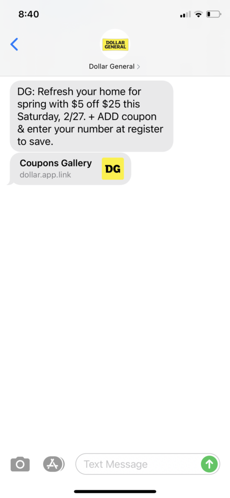 Dollar General Text Message Marketing Example - 02.26.2021