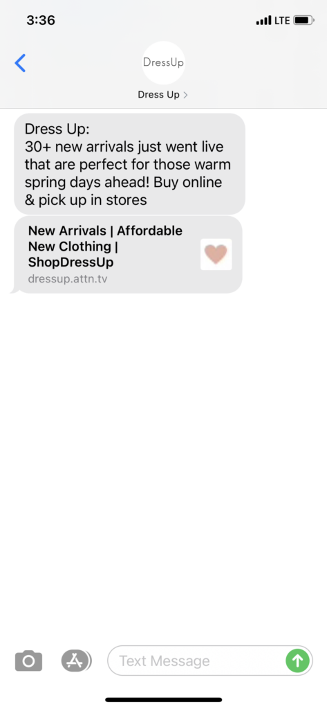 Dress Up Text Message Marketing Example - 03.20.2021