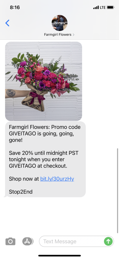 Farmgirl Flowers Text Message Marketing Example - 03.14.2021