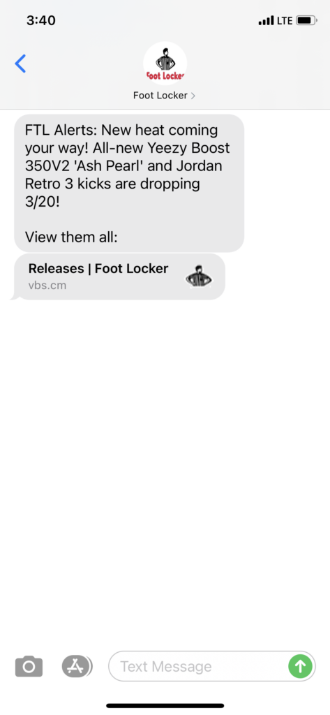 Foot Locker Text Message Marketing Example - 03.19.2021