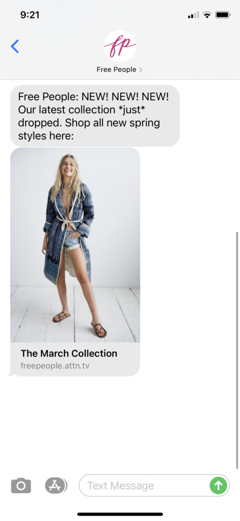 Free People Text Message Marketing Example - 03.02.2021